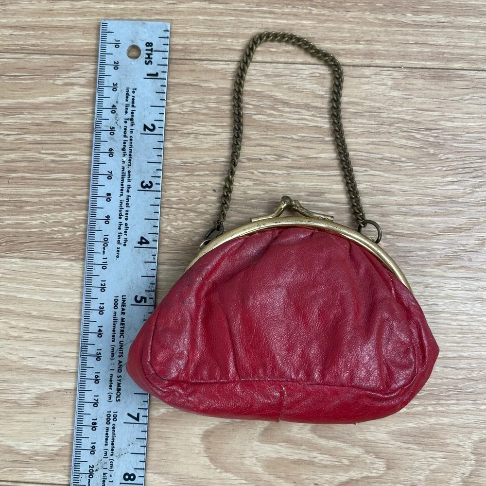 Vintage Red Leather Kiss Lock Purse Gingham Lining with Mini Coin Pouch Chain